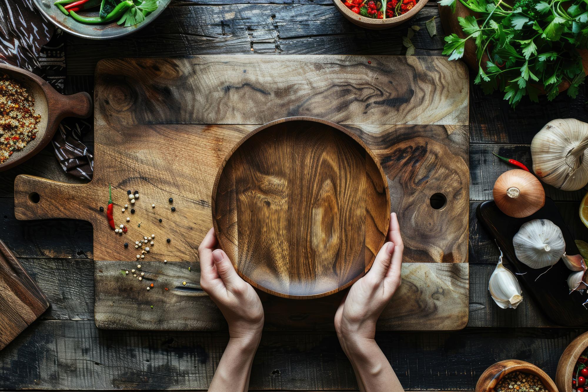 Chef arranging a plated dish on a wooden board